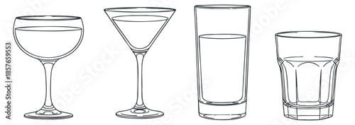 A collection of four different drink glasses in outline vector style, ideal for bar menus and beverage branding