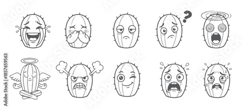 Big Set of Funny and Cute Cartoon Cactus Characters in Pots, Vector Doodle Collection
