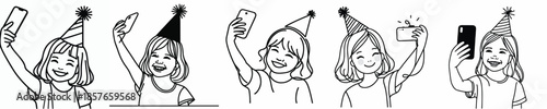 vector of a little girl taking a selfie at a New Year's party