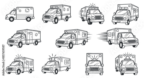 A collection of ambulance vehicles in black and white line art style, suitable for healthcare and emergency services branding