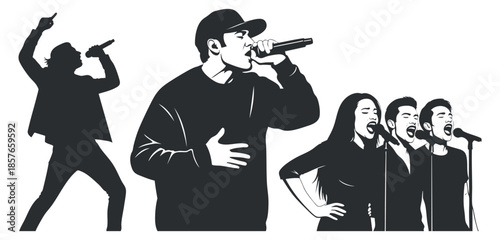 A collection of musicians and vocalists in black and white vector style, ideal for music event promotions and branding