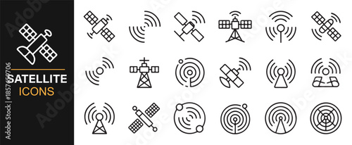 Space satellite and global network line icons