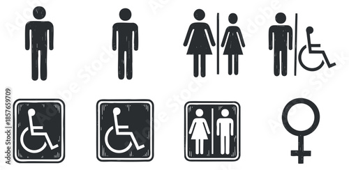 A collection of accessibility and gender symbols including male, female, and wheelchair icons in black and white vector style, suitable for public restroom signage