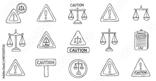 A collection of caution and law symbols including scales of justice and warning signs in outline vector style, suitable for legal and regulatory themes