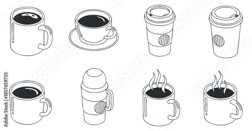 A collection of coffee cups and mugs with steam in minimalist black and white vector style, perfect for coffee shop branding and designs