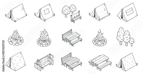 A collection of camping elements including tents, campfires, trees, and wooden benches in minimalist black outline vector style, ideal for outdoor adventure themes