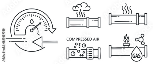 A collection of icons illustrating pressure measurement, compressed air systems, and gas flow in minimalist vector style, suitable for engineering and industrial applications