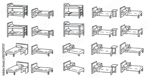 A collection of various bed designs including bunk beds, single beds, and double beds in minimalist outline vector style, ideal for interior design projects