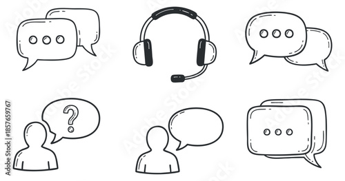 A collection of communication icons including speech bubbles, a headset, and person silhouettes in minimalist outline vector style, ideal for customer support and communication-themed projects