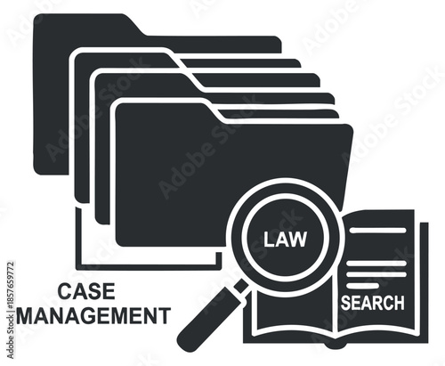 A collection of file folders with a magnifying glass over a law book in black and white minimalist vector style, suitable for legal case management and research projects