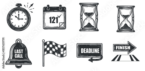 A collection of time management icons including a clock, calendar, hourglasses, and deadline symbols in black and white vector style, ideal for productivity and planning projects