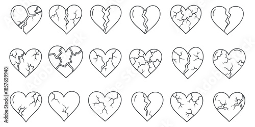 A collection of cracked and broken hearts in outline vector style, ideal for emotional design and creative projects