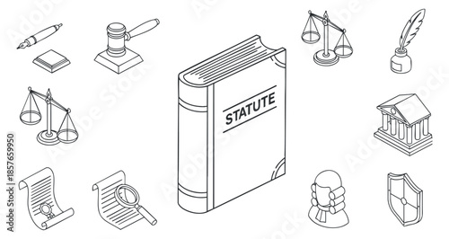 A collection of legal symbols including a statute book, scales of justice, and various law-related icons in outline vector style, ideal for legal education and advocacy projects