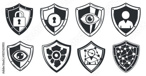 A set of security shield icons featuring locks, eyes, and users in minimalist black and white vector style, suitable for technology and privacy themes