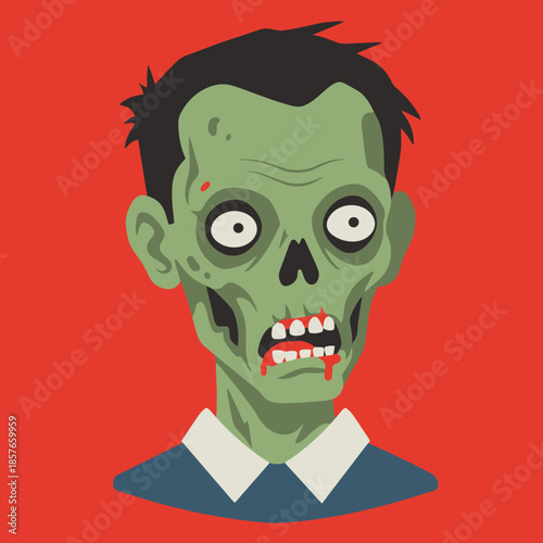 Cartoon illustration of a green-skinned zombie head with blood on its mouth and vacant eyes on a red background.