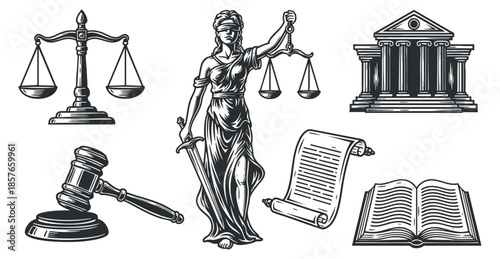 Justice and law symbols in black and white illustration style, vector illustration isolated on transparent background