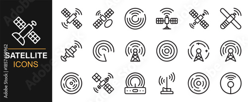 Satellite communication and signal line icon set