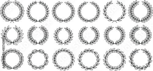 Hand drawn laurel wreath and botanical circular frame set for logos, awards, weddings and vintage design