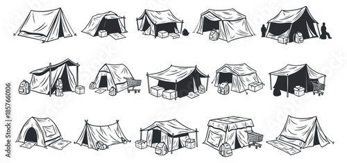 A collection of various camping tents in black and white minimalist vector style, ideal for outdoor adventure themes