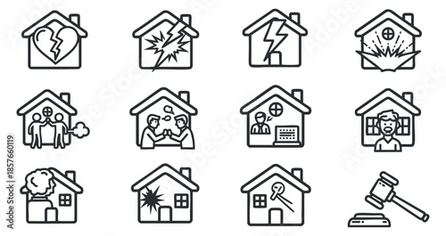 A collection of home-related emergency icons in outline vector style, suitable for safety and insurance projects