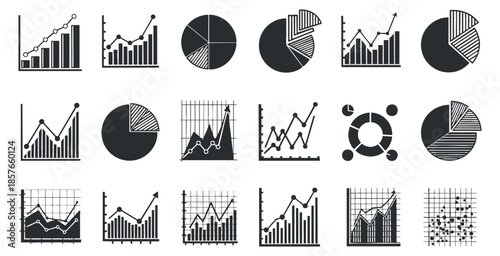 A collection of diverse graphs and charts in black and white vector style, suitable for data analysis and business presentations