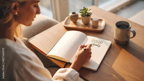 A woman writing goals for 2026.
