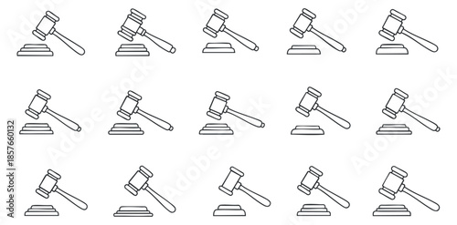 A collection of gavel icons outlined in minimalist black and white vector style, suitable for legal and justice themes