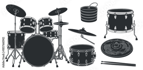 A detailed illustration of a drum set with various components in black and white outline vector style, ideal for music-related projects