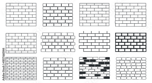 A collection of twelve different brick wall patterns in black and white minimalist vector style, suitable for architectural designs and backgrounds
