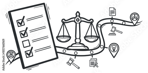 A checklist with checkmarks alongside a balanced scale of justice in black and white outline vector style, ideal for legal services and law firm branding