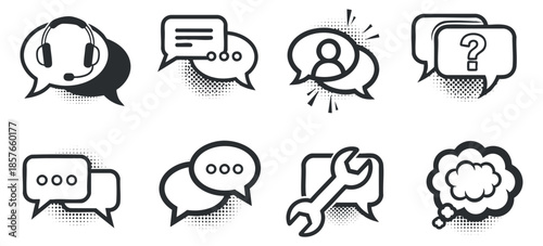 A collection of communication icons including headset, speech bubbles, and question marks in modern flat vector style, ideal for customer service applications
