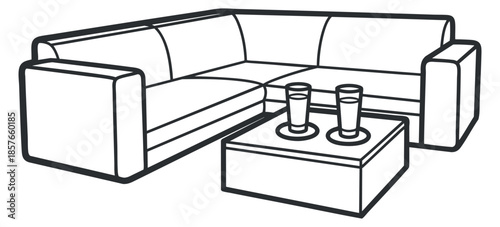 A modern outline illustration of a stylish couch with a coffee table and drinks in minimalist vector style, ideal for interior design projects
