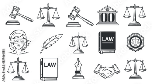 A collection of legal and justice icons including scales, gavel, law book, and handshake in black and white vector style, ideal for legal services branding