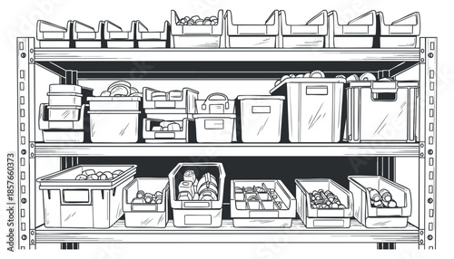 A shelving unit filled with various bins and containers in clean outline vector style, perfect for organization and storage solutions