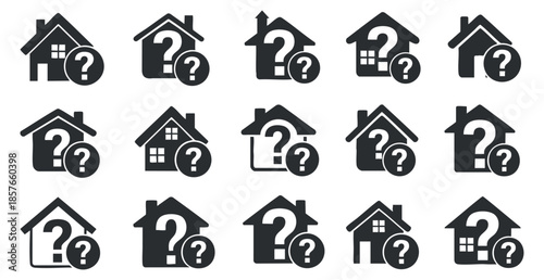 A set of house icons featuring question marks in black and white minimalist vector style, ideal for real estate inquiries and services