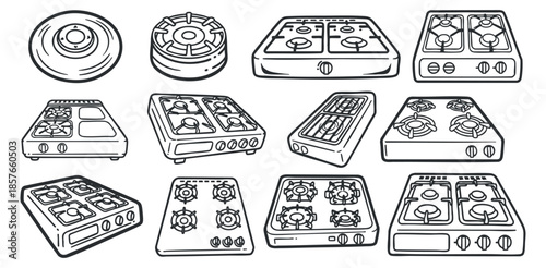 A collection of various gas stoves and cooktops in black and white outline vector style, perfect for kitchen design projects