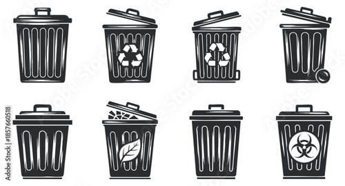 A set of black and white vector illustrations of various trash bins, including recycling and biohazard containers, suitable for environmental themes