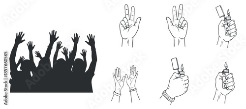 A collection of hand gestures including a cheering crowd silhouette and various hand signs in black and white vector style, ideal for social and event themes