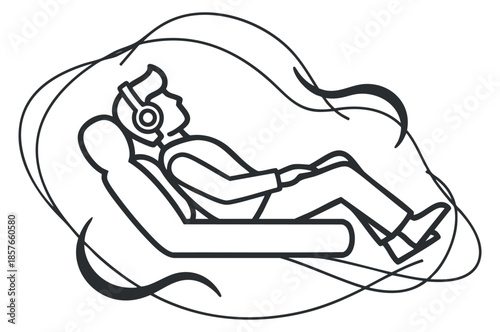 A person relaxing on a sofa wearing headphones in minimalist outline vector style, ideal for music and leisure-themed projects