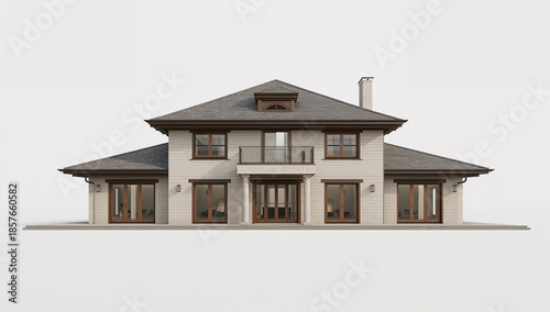 Modern two-story house with gray roof and beige siding
