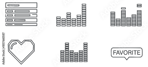 A collection of icons including a heart, graphs, and a favorite symbol in clean outline minimalist vector style, ideal for user interface design and data representation
