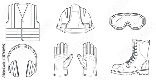 A collection of safety gear including a helmet, gloves, vest, headphones, goggles, and boots in outline vector style, suitable for industrial and construction themes