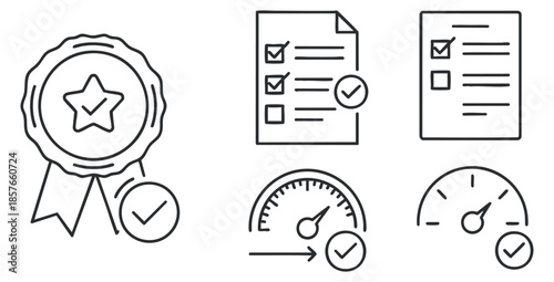 A collection of quality assurance icons including a badge, checklist, and performance gauges in minimalist outline vector style, suitable for business and assessment projects
