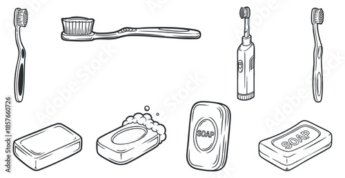 A collection of toothbrushes, soap bars, and a toothpaste tube in outline minimalist vector style, suitable for hygiene and personal care design projects