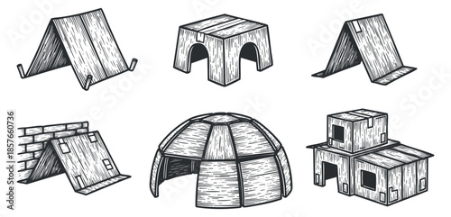 A collection of various wooden shelter designs in hand-drawn sketch style, ideal for outdoor and camping themes