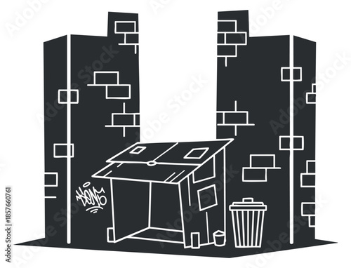 A simple outline illustration of a makeshift shelter surrounded by tall buildings in minimalist vector style, suitable for social awareness projects