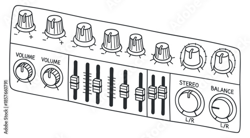 A graphic illustration of an audio mixer control panel with knobs and sliders in black and white minimalist vector style, suitable for music production and sound design projects
