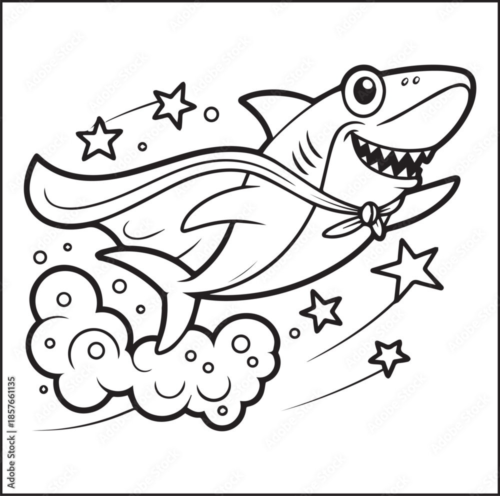 Fototapeta premium Cute shark in sea underwater scenery black line art vector illustration for children coloring page design