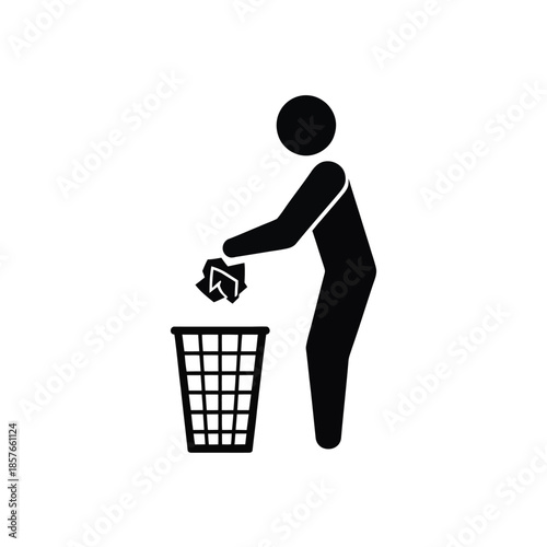 Stick figure throwing paper into a wastebasket a simple recycling symbol