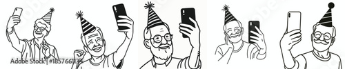 vector of a grandfather taking a selfie at a New Year's party
